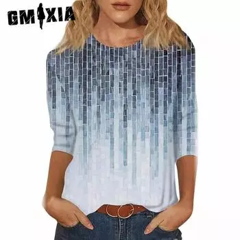 GMXIA Женские модные повседневные летние блузки и рубашки с круглым вырезом с цветочным принтом и рукавами 3/4 S синий