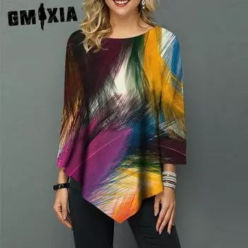 GMXIA Женские модные повседневные летние блузки и рубашки с круглым вырезом с длинными рукавами S