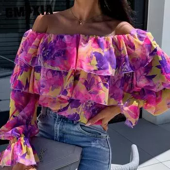 GMXIA Женские модные повседневные летние блузки и рубашки на одно плечо с цветочным принтом и длинным рукавом