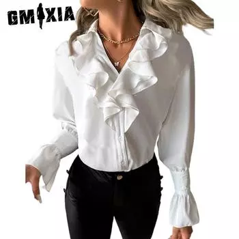 GMXIA Женские модные повседневные летние блузки и рубашки с v-образным вырезом и длинными рукавами S чёрный