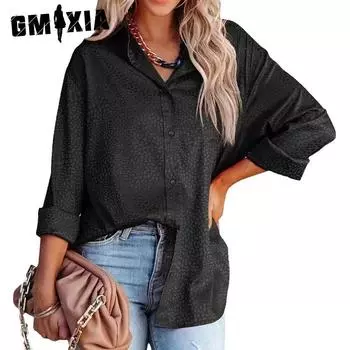 GMXIA Женские модные повседневные летние блузки и рубашки-поло с леопардовым принтом и длинными рукавами S небесно-голубой