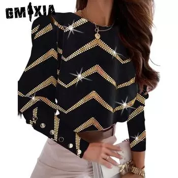 GMXIA Женские модные повседневные летние блузки и рубашки с круглым вырезом с длинными рукавами