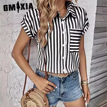 GMXIA Женские модные повседневные летние блузки и рубашки с короткими рукавами и воротником-поло в полоску с принтом S синий