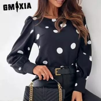 GMXIA Женская мода Повседневная летняя блузка с длинным рукавом и круглым вырезом в горошек и рубашками S чёрный
