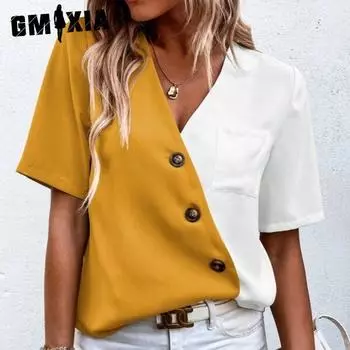 GMXIA Женские модные повседневные летние блузки и рубашки с короткими рукавами и v-образным вырезом S жёлтый