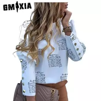 GMXIA Женские модные повседневные летние блузки и рубашки с круглым вырезом с длинными рукавами S