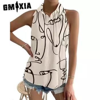 GMXIA Женские модные повседневные летние блузки и рубашки без рукавов с воротником-поло S