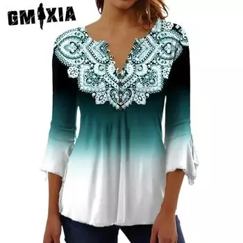 GMXIA Женские модные повседневные летние блузки и рубашки с v-образным вырезом и рукавом 3/4 S