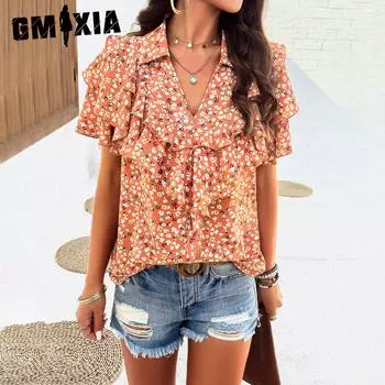 GMXIA Женские модные повседневные летние блузки и рубашки с v-образным вырезом и короткими рукавами с цветочным принтом S белый