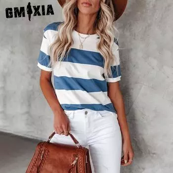 GMXIA Женские модные повседневные летние блузки и рубашки с круглым вырезом и короткими рукавами в полоску с принтом S синий