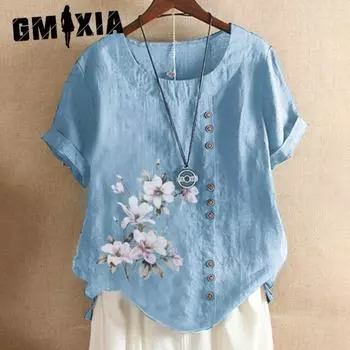 GMXIA Женские модные повседневные летние блузки и рубашки с круглым вырезом и короткими рукавами с цветочным принтом S белый