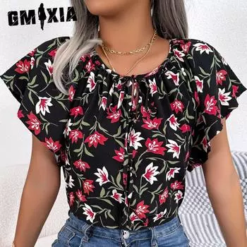 GMXIA женские модные повседневные летние блузки с круглым вырезом и короткими рукавами и свободные кружевные шифоновые топы с рюшами S чёрный