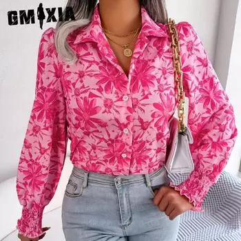 GMXIA женские модные повседневные летние блузки с длинными рукавами с цветочным принтом и рукавами-фонариками, рубашки с контрастными цветами и цветами S оранжевый