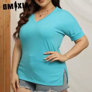 GMXIA женские модные повседневные летние большие размеры однотонные принты с короткими рукавами и v-образным вырезом свободные блузки и рубашки XL белый