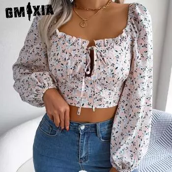 GMXIA женские модные повседневные летние цветочные принты с длинными рукавами и u-образным вырезом, тонкие блузки и сексуальные кружевные шифоновые укороченные топы с деревянными ушками S белый