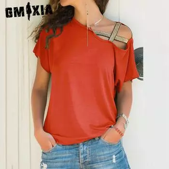 GMXIA Женские модные повседневные летние нерегулярные скрещенные плечи сплошной цвет с принтом с коротким рукавом на одно плечо узкие блузки и рубашки