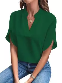 GMXIA женские модные повседневные летние однотонные блузки и рубашки с v-образным вырезом и короткими рукавами с принтом S зелёный
