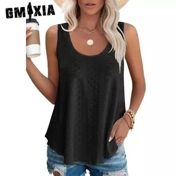 GMXIA женские модные повседневные летние однотонные блузки и рубашки без рукавов с круглым вырезом и принтом