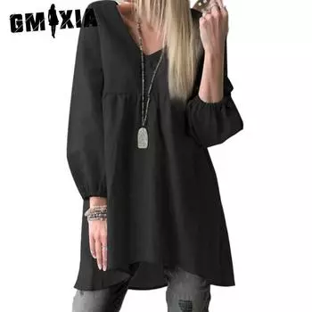 GMXIA женские модные повседневные летние однотонные блузки и рубашки с v-образным вырезом и длинными рукавами с принтом S чёрный