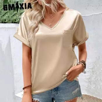GMXIA женские модные повседневные летние однотонные блузки и рубашки с v-образным вырезом и короткими рукавами с принтом S чёрный