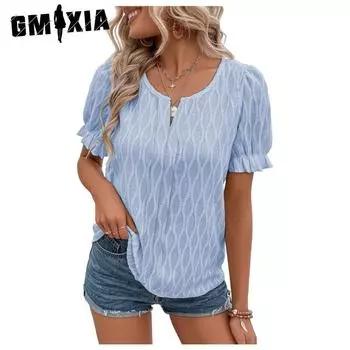 GMXIA женские модные повседневные летние однотонные блузки и рубашки с v-образным вырезом и короткими рукавами с принтом S небесно-голубой