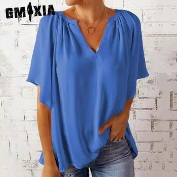 GMXIA женские модные повседневные летние однотонные блузки и рубашки с v-образным вырезом и короткими рукавами с принтом