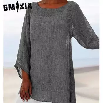 GMXIA женские модные повседневные летние однотонные блузки с круглым вырезом и длинными рукавами, а также рубашки нестандартной формы и ассорти S чёрный