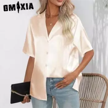 GMXIA женские модные повседневные летние однотонные блузки и рубашки с короткими рукавами и воротником-поло с принтом S чёрный