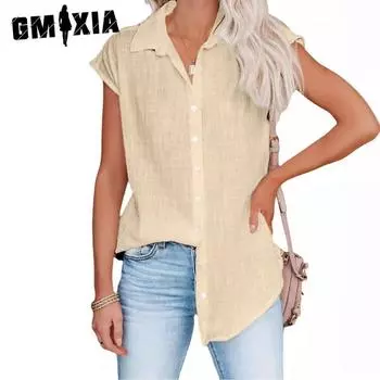 GMXIA Женские модные повседневные летние однотонные блузки и рубашки без рукавов с воротником-поло с принтом