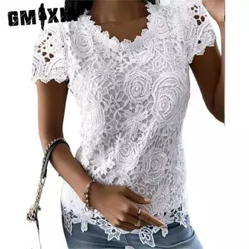 GMXIA Женские модные повседневные летние однотонные блузки и рубашки с короткими рукавами и круглым вырезом с принтом S белый