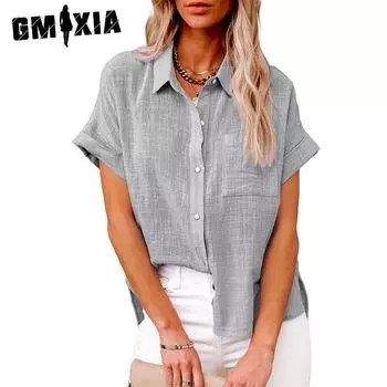 GMXIA женские модные повседневные летние однотонные блузки и рубашки с короткими рукавами и воротником-поло с принтом S белый