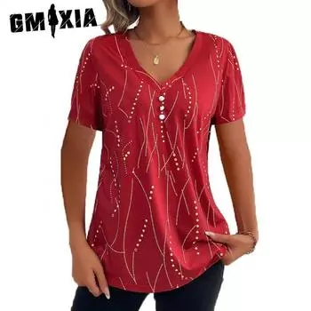 GMXIA Женские модные повседневные летние однотонные блузки и рубашки с короткими рукавами и круглым вырезом с принтом