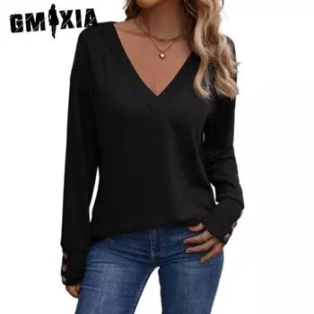GMXIA Женские модные повседневные летние однотонные блузки и рубашки с круглым вырезом и длинными рукавами с принтом S чёрный