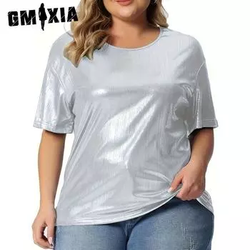 GMXIA Женские модные повседневные летние однотонные блузки и рубашки с короткими рукавами и круглым вырезом с принтом XL золотой