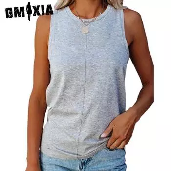 GMXIA женские модные повседневные летние однотонные блузки и рубашки без рукавов с круглым вырезом и принтом