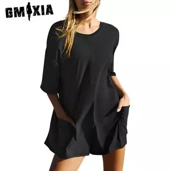 GMXIA Женские модные повседневные летние однотонные блузки и рубашки с круглым вырезом и рукавами 1/2 с принтом