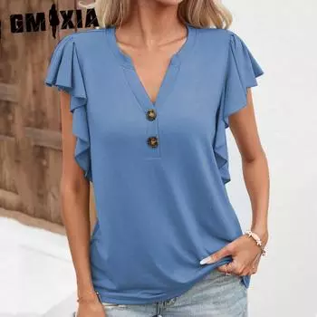 GMXIA женские модные повседневные летние однотонные блузки и рубашки с v-образным вырезом и короткими рукавами с принтом S белый