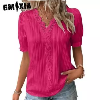 GMXIA женские модные повседневные летние однотонные блузки и рубашки с v-образным вырезом и короткими рукавами S белый