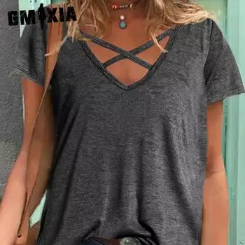 GMXIA женские модные повседневные летние однотонные блузки и футболки с короткими рукавами и v-образным вырезом с принтом