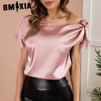 GMXIA женские модные повседневные летние однотонные блузки и рубашки с короткими рукавами с принтом S зелёный