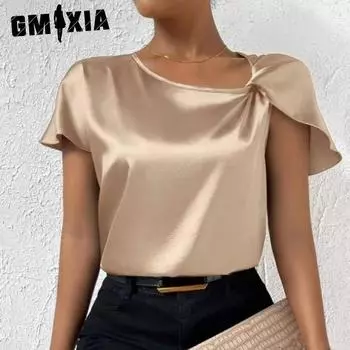 GMXIA женские модные повседневные летние однотонные блузки и рубашки с короткими рукавами с принтом