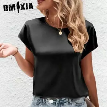 GMXIA Женские модные повседневные летние однотонные блузки и рубашки с короткими рукавами и круглым вырезом с принтом S чёрный