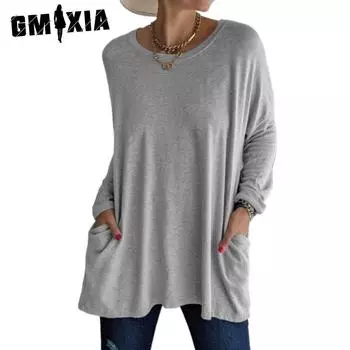 GMXIA Женские модные повседневные летние однотонные блузки и рубашки с круглым вырезом и длинными рукавами с принтом S чёрный