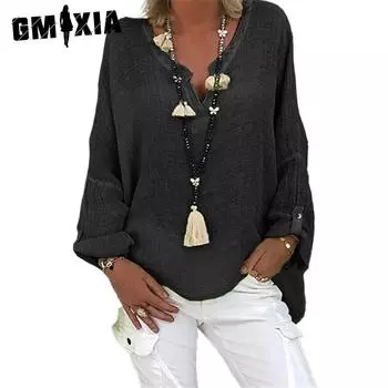 GMXIA женские модные повседневные летние однотонные блузки и рубашки с v-образным вырезом и длинными рукавами с принтом