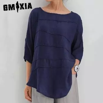 GMXIA Женские модные повседневные летние однотонные блузки и рубашки с круглым вырезом и длинными рукавами с принтом S зелёный