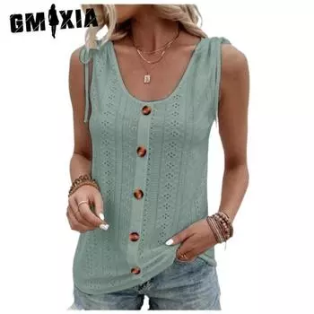 GMXIA женские модные повседневные летние однотонные блузки и рубашки без рукавов с круглым вырезом и принтом S белый