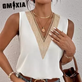 GMXIA женские модные повседневные летние однотонные блузки и рубашки без рукавов с v-образным вырезом и принтом S чёрный