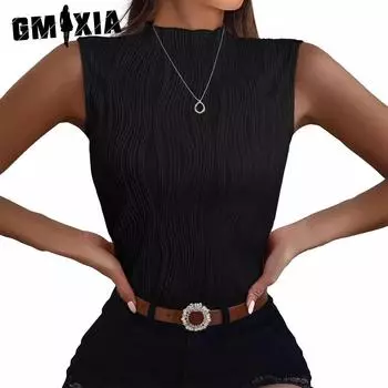 GMXIA женские модные повседневные летние однотонные блузки и рубашки без рукавов с полуводолазкой и принтом