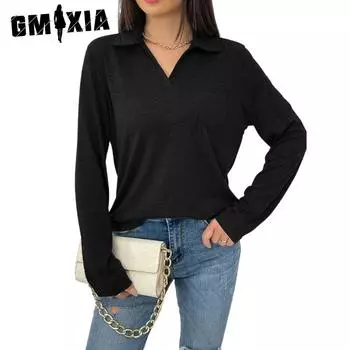 GMXIA женские модные повседневные летние однотонные блузки и рубашки с v-образным вырезом и длинными рукавами с принтом S чёрный