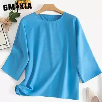 GMXIA Женские модные повседневные летние однотонные блузки и рубашки с круглым вырезом и рукавами 3/4 с принтом S чёрный